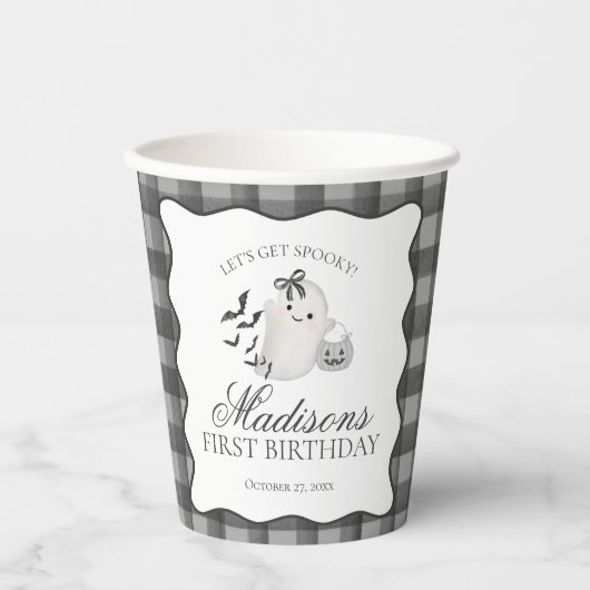 Black Gingham Little Boo Ghost Birthday Coffee Papieren Bekers (Voorkant)