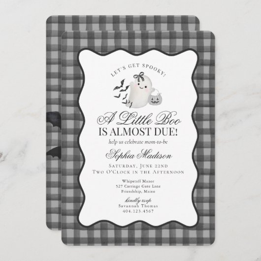 Black Gingham Preppy Ghost Little Boo Baby Shower Kaart (Voorkant / Achterkant)