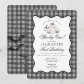 Black Gingham Preppy Ghost Spooky One 1st Birthday Kaart (Voorkant / Achterkant)