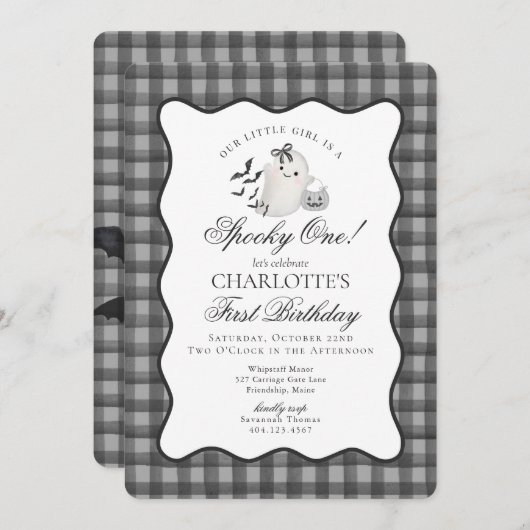 Black Gingham Preppy Ghost Spooky One 1st Birthday Kaart (Voorkant / Achterkant)