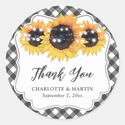 Black Gingham Rustic Sunflower Floral bedankt Ronde Sticker (Voorkant)