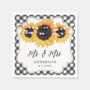 Black Gingham Rustic Sunflower Floral Wedding Servet