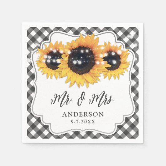 Black Gingham Rustic Sunflower Floral Wedding Servet (Voorkant)