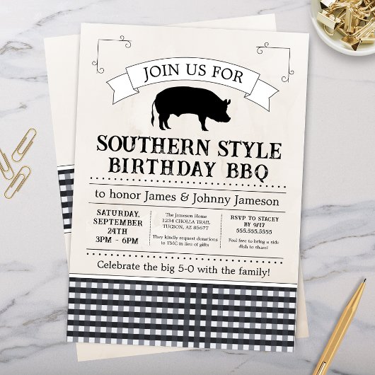 Black Gingham Southern BBQ Pig Roast Verjaardag Kaart