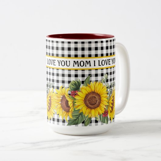 Black Gingham Sunflower Creëer Uw eigen zin Tweekleurige Koffiemok (Voorkant rechts)