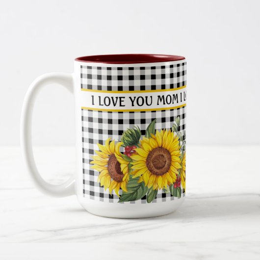 Black Gingham Sunflower Creëer Uw eigen zin Tweekleurige Koffiemok (Links)