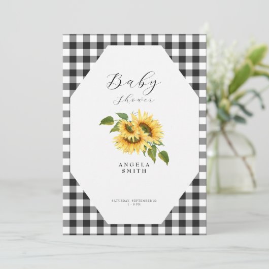 Black Gingham Sunflower Generic Baby shower Kaart (Staand voorkant)