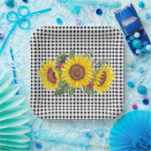 Black Gingham Sunflower Party Favor Classic Papieren Bordje (Feest)