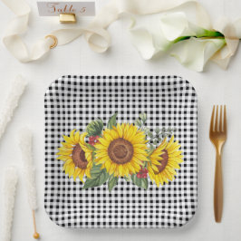 Black Gingham Sunflower Party Favor Classic Papieren Bordje