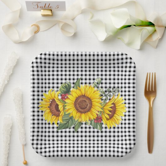 Black Gingham Sunflower Party Favor Classic Papieren Bordje (Huwelijk)