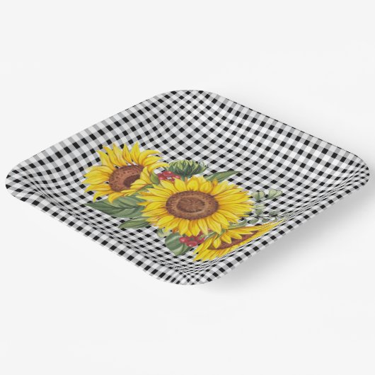 Black Gingham Sunflower Party Favor Classic Papieren Bordje (Gebogen)