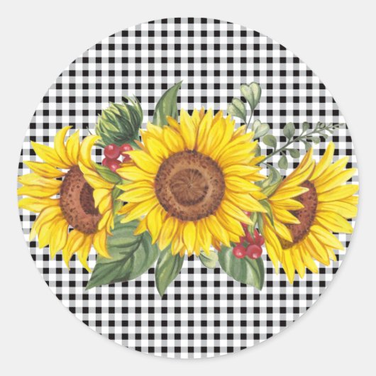 Black Gingham Sunflower Party Favor Ronde Sticker (Voorkant)