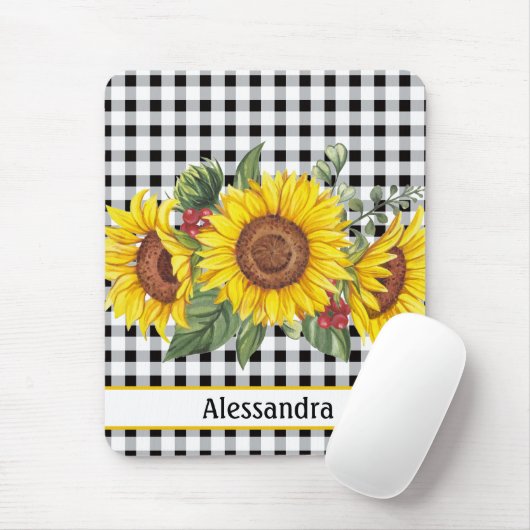 Black Gingham Sunflower Persoonlijk Muismat (Met muis)