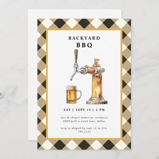 Black Gingham Tap & Beer Keg Backyard BBQ Party Kaart (Voorkant / Achterkant)