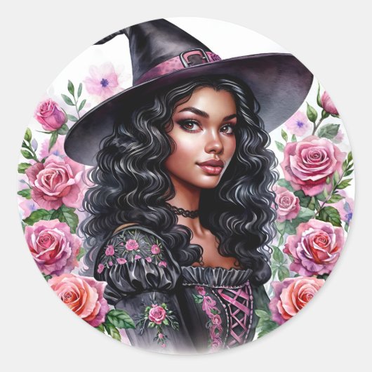 Black Girl Bubblegum Witch Pink-o-ween Ronde Sticker (Voorkant)