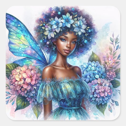 Black Girl Fairy with Afro and Blue Hydrangeas Vierkante Sticker (Voorkant)