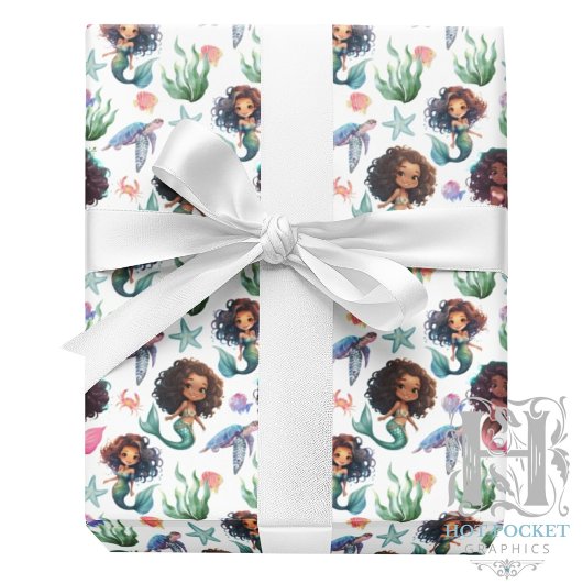 Black Girl Mermaid Birthday Gift Wrap in White Cadeaupapier
