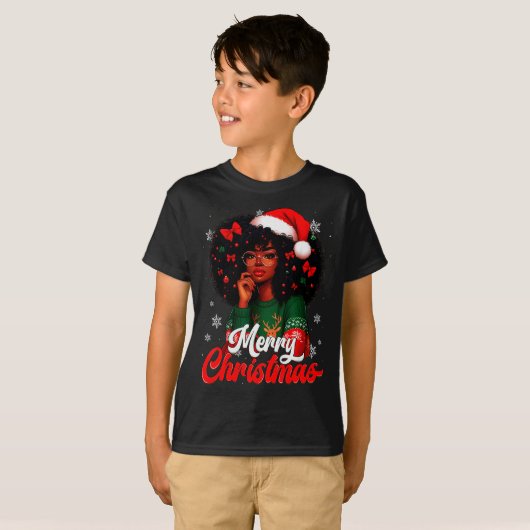 Black Girl Santa Hat Merry Christmas Pajama Africa T-shirt (Voorkant volledig)