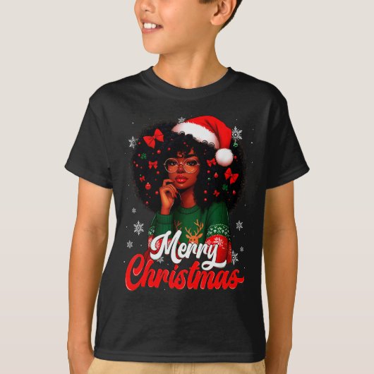 Black Girl Santa Hat Merry Christmas Pajama Africa T-shirt (Voorkant)