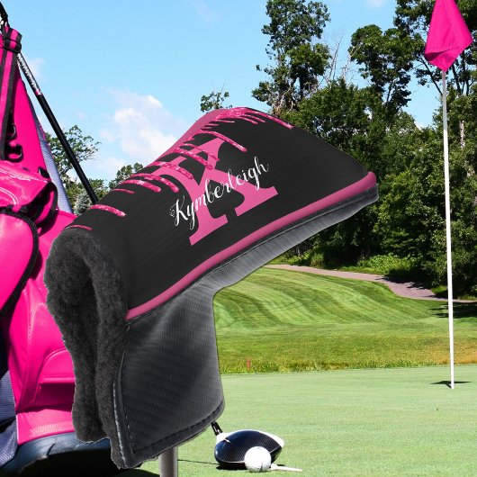 Black Girly Hot Pink Glitter Drift Monogram Naam Golfheadcover