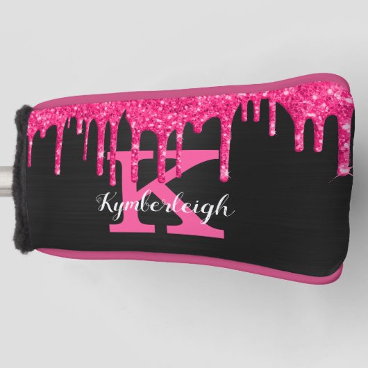 Black Girly Hot Pink Glitter Drift Monogram Naam Golfheadcover (Voorkant)