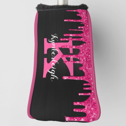 Black Girly Hot Pink Glitter Drift Monogram Naam Golfheadcover (Draai 90)