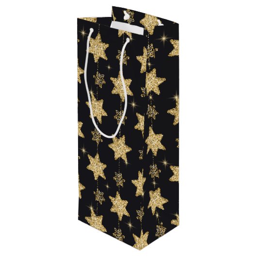 Black Glam Glitter Stars Patroon Wijn Cadeautas (Achterkant Gekanteld)