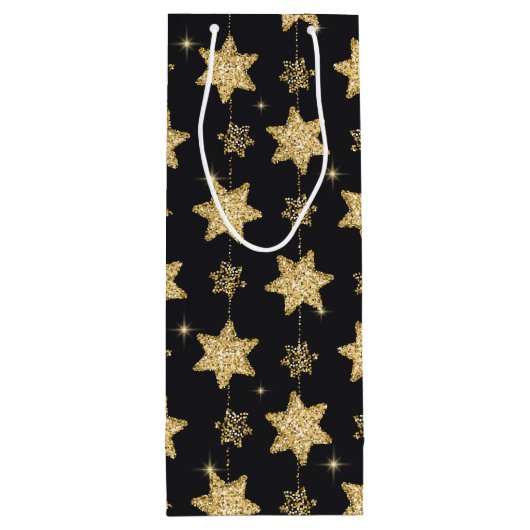 Black Glam Glitter Stars Patroon Wijn Cadeautas (Achterkant)