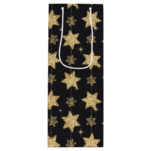 Black Glam Glitter Stars Patroon Wijn Cadeautas (Voorkant)