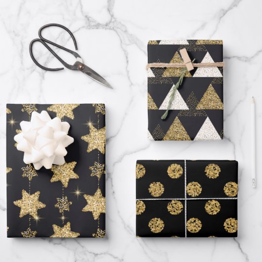 Black Glam Glitter Trio Inpakpapier Vel (Voorkant)