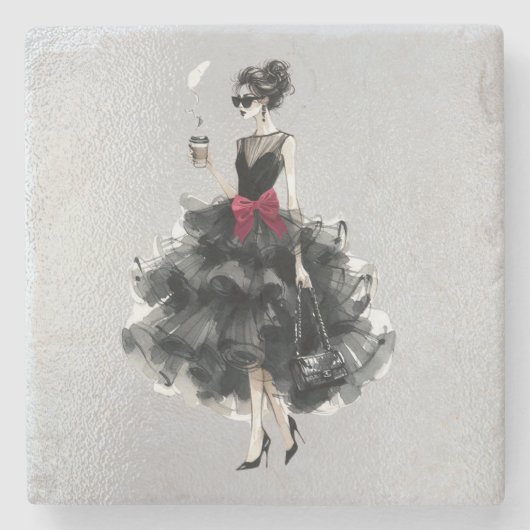 Black Glam Gown, Red Bow, Shades Stenen Onderzetter (Voorkant)