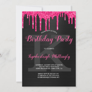Black Glam Hot Pink Glitter Drift Birthday Party Kaart