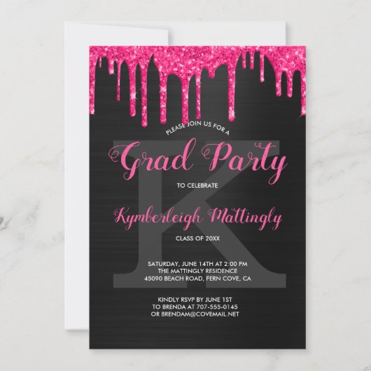 Black Glam Hot Pink Glitter Drift Graduparty Kaart (Voorkant)