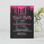Black Glam Hot Pink Glitter Drift Graduparty Kaart (Staand voorkant)