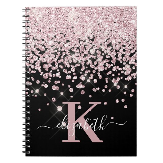 Black Glam Roos Gold Glitter Diamond Monogram Notitieboek (Voorkant)
