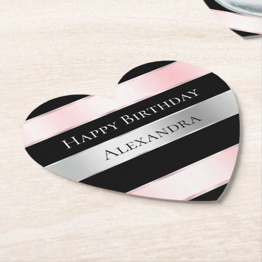 Black Glam Silver Blush Pink Ribbon Verjaardag Kartonnen Onderzetters (Gekanteld)