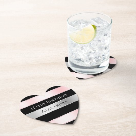 Black Glam Silver Blush Pink Ribbon Verjaardag Kartonnen Onderzetters (Insitu)