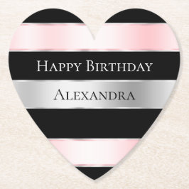 Black Glam Silver Blush Pink Ribbon Verjaardag Kartonnen Onderzetters