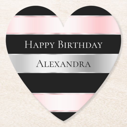 Black Glam Silver Blush Pink Ribbon Verjaardag Kartonnen Onderzetters (Voorkant)