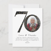 Black Glitter 70th Birthday Foto Bedankkaart (Voorkant)