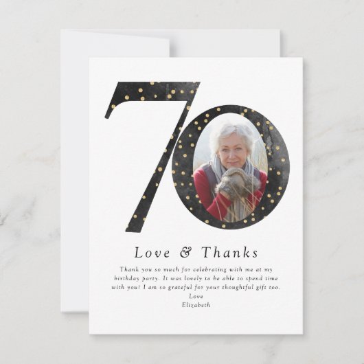 Black Glitter 70th Birthday Foto Bedankkaart (Voorkant)