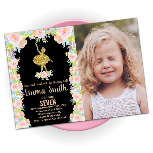 Black Glitter Ballerina Birthday Invitation foto Kaart