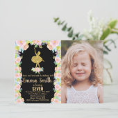 Black Glitter Ballerina Birthday Invitation foto Kaart (Staand voorkant)