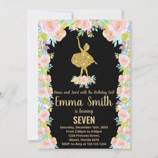 Black Glitter Ballerina Birthday-uitnodigingen Kaart (Voorkant)