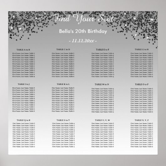 Black Glitter Birthday Alphabetic Seating Plan Poster (Voorkant)