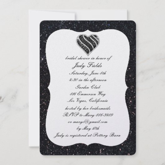 Black Glitter Black Heart Bridal Shower-uitnodigin Kaart (Voorkant)