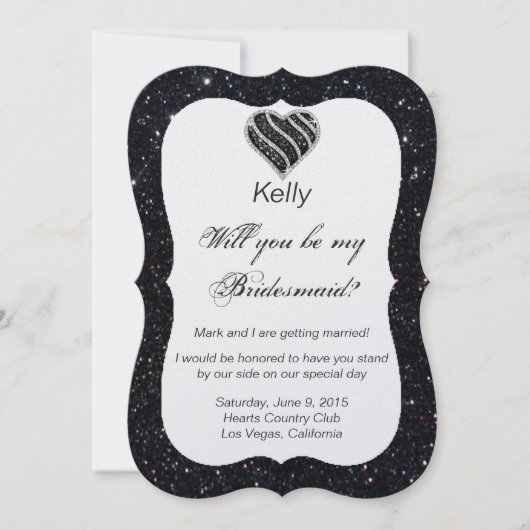 Black Glitter Black Heart Bridesmaid Kaart (Voorkant)
