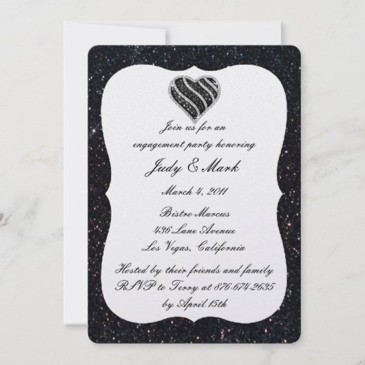 Black Glitter Black Heart Engagement Party uitnodi Kaart (Voorkant)