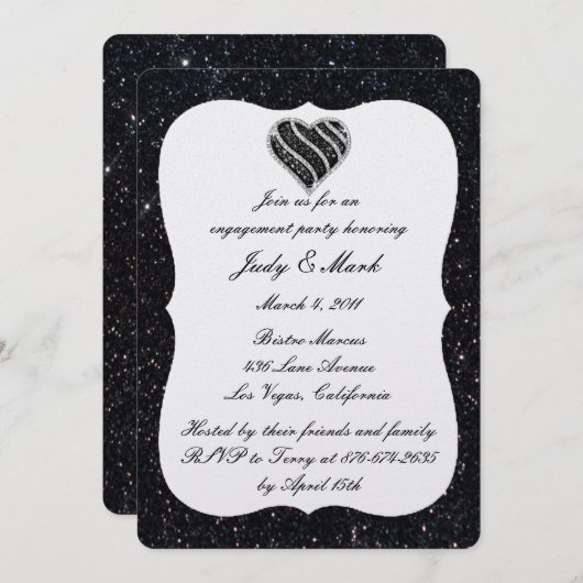 Black Glitter Black Heart Engagement Party uitnodi Kaart (Voorkant / Achterkant)