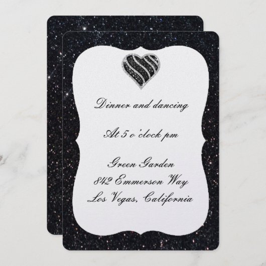Black Glitter Black Heart Reception Kaart (Voorkant / Achterkant)